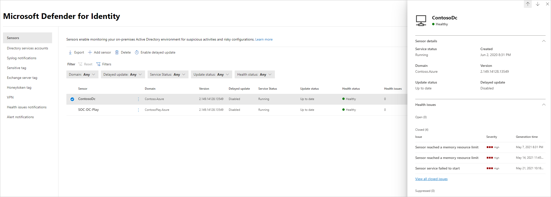 Screenshot of a sensor details pane showing health status and configuration.