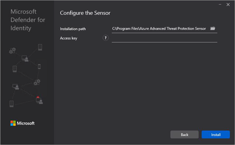 Screenshot of the Configure the sensor page showing the Installation path and Access key fields for the Defender for Identity sensor setup package.