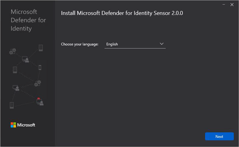 Screenshot of the Welcome page showing language selection for the Defender for Identity sensor installation wizard.