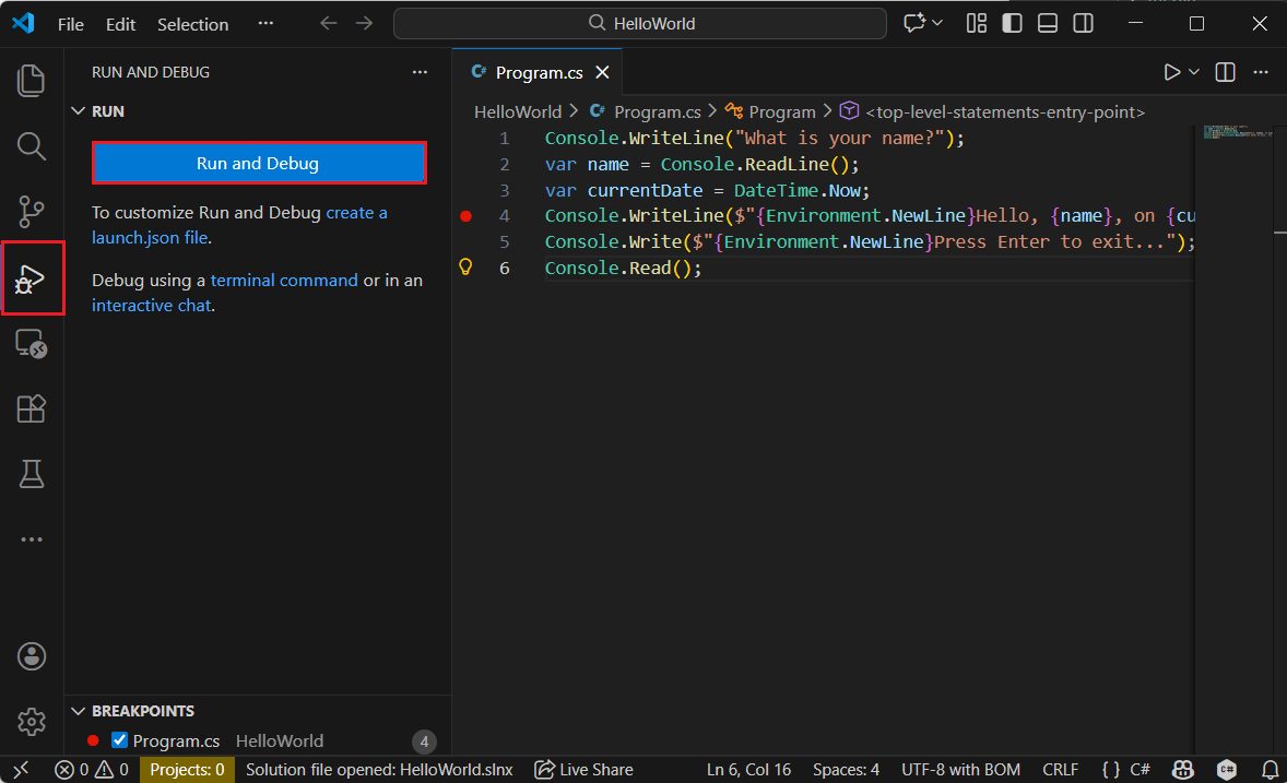 Open the Debug tab in Visual Studio Code