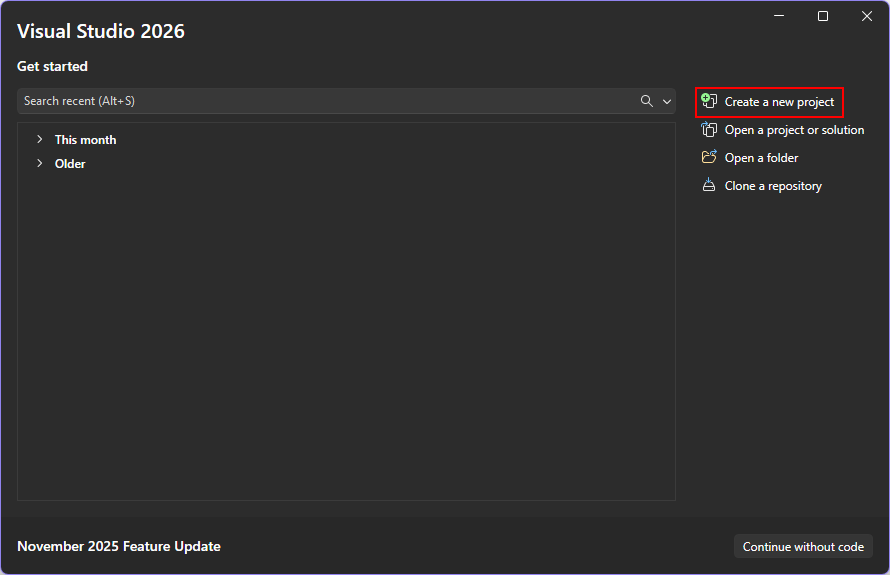 A screenshot of the start dialog from Visual Studio 2026. The 'create a new project' button is highlighted with a red box.