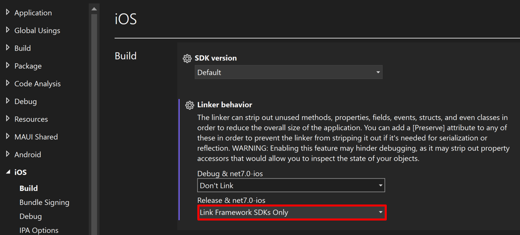 Screenshot of the linker behavior for iOS in Visual Studio.