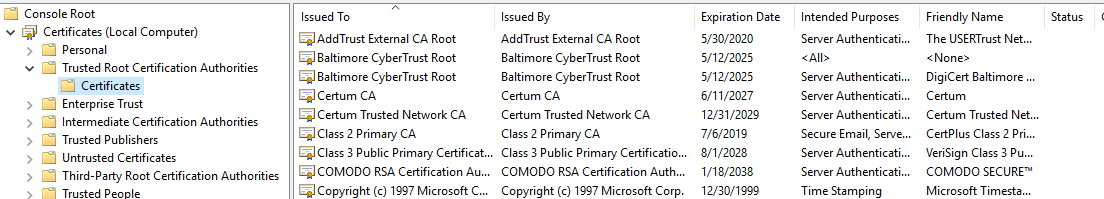 Shows a list of certificates in the Windows Certificate Manager Tool.