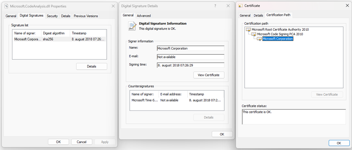 Shows the Digital Signatures window for a signed file with a valid root certificate.