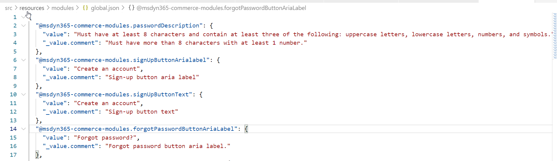 Atnaujinto saito teksto prisijungimo modulio global.json faile ekrano kopija.