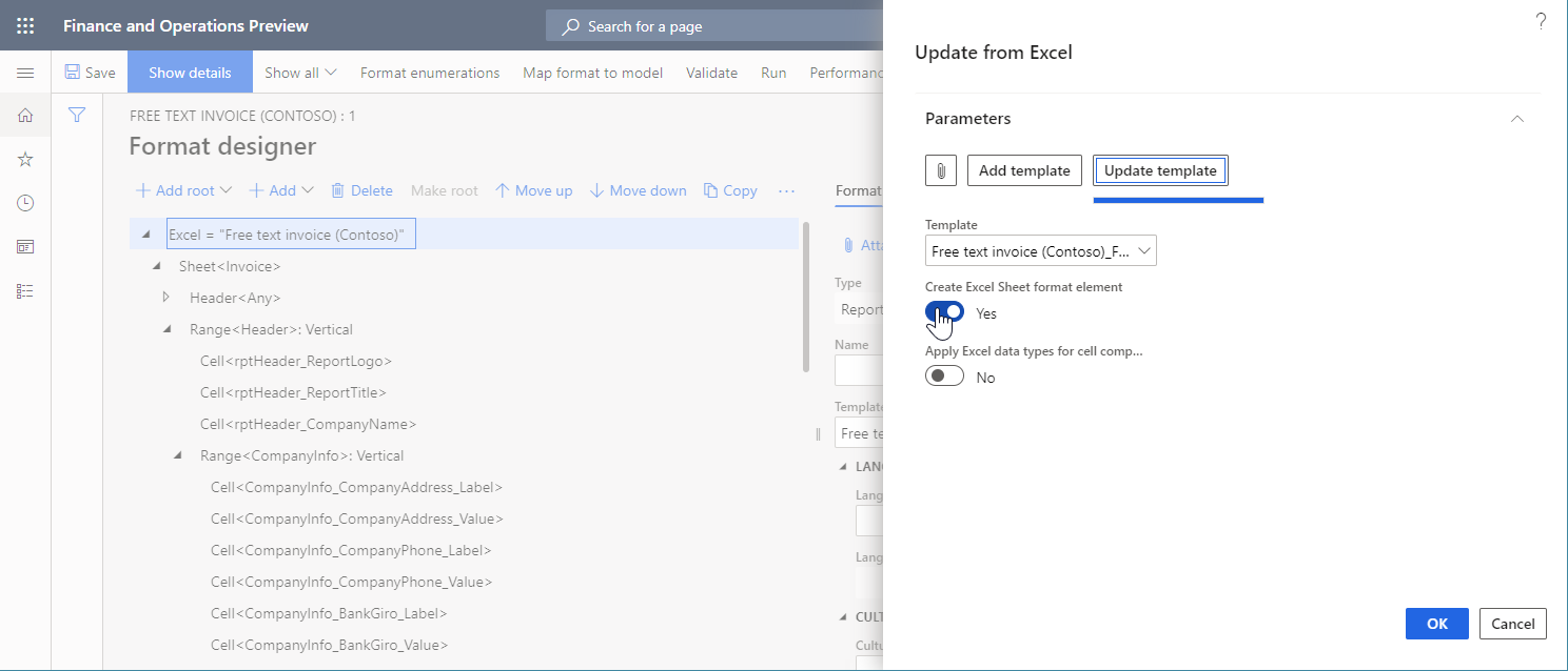 „Excel“ lapo formato elemento parinkties kūrimas dialogo lange Naujinti iš „Excel”.