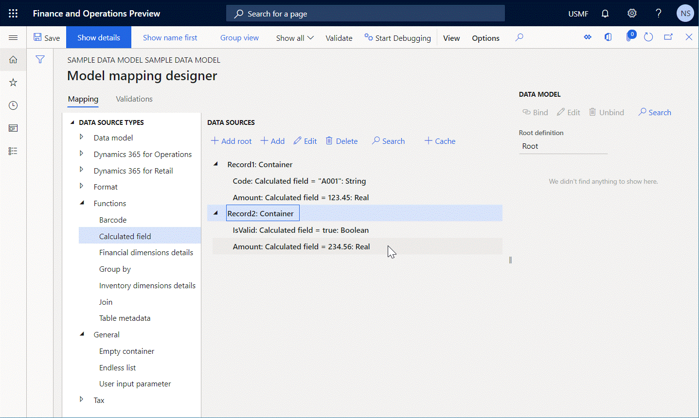 ER modelio susiejimo dizaino įrankio puslapis su dviem įrašais.