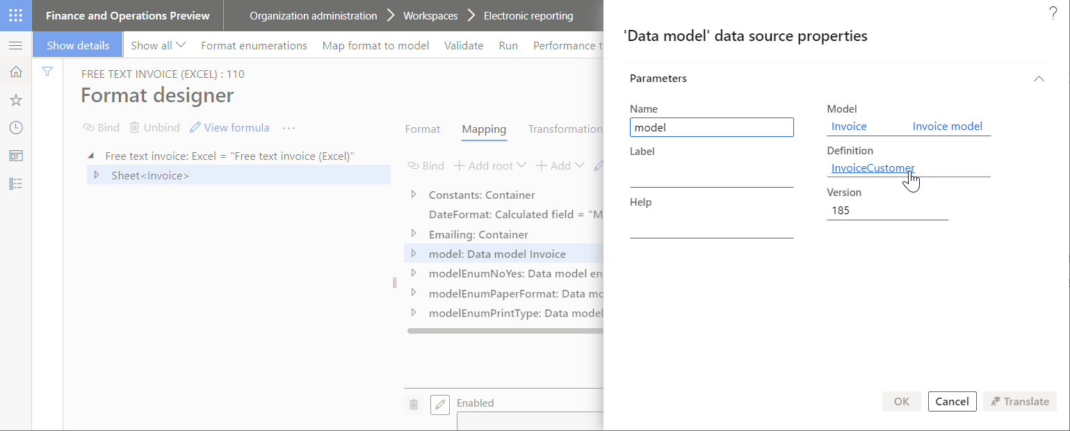 Modelio duomenų šaltinio peržiūra puslapyje Formato dizaino įrankis.
