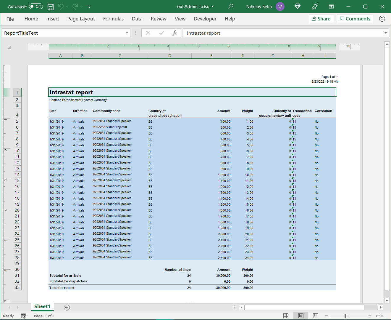 Sugeneruotas „Excel” dokumentas darbalaukio programoje.