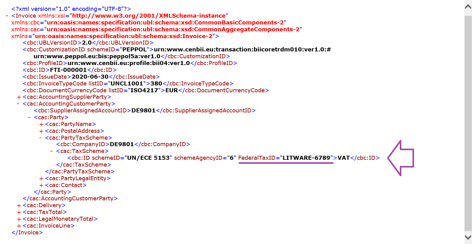 Sugeneruoto elektroninės SF XML failo, kuriame yra jūsų tinkinimai, peržiūra.