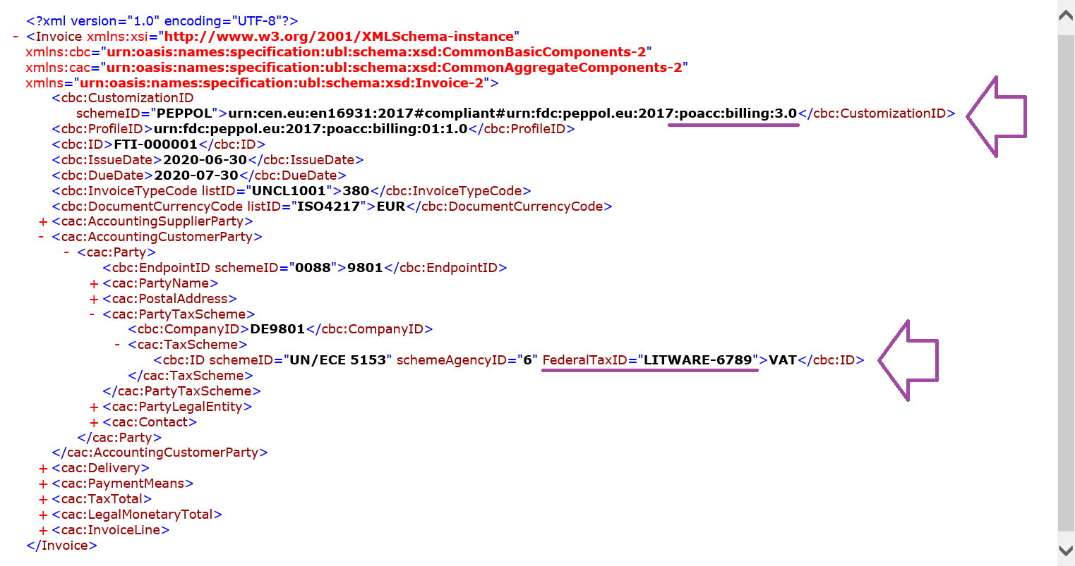 Sugeneruoto elektroninės SF XML failo, kuriame yra tinkinimų, peržiūra.