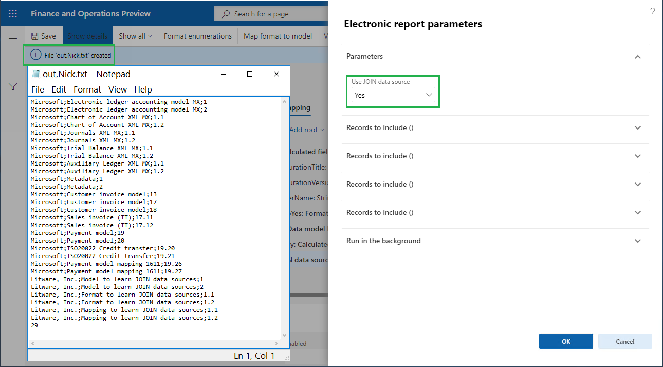 Elektroninės ataskaitos parametrai, sugeneruoti faile naudojant JOIN duomenų šaltinį.