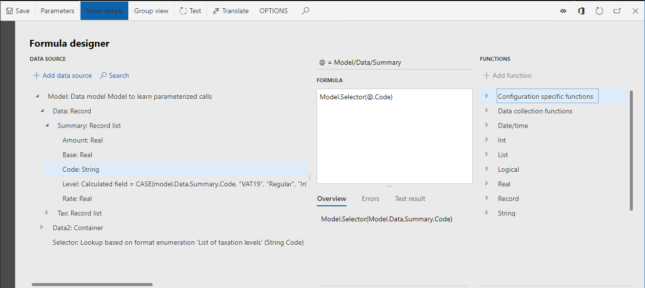 Model.Selector(Model.Data.Summary.Code) įtraukimas į formulės konstruktoriaus puslapį.
