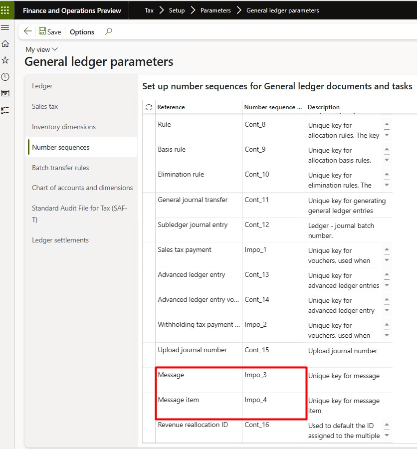 Number sequences tab on the General ledger parameters page.