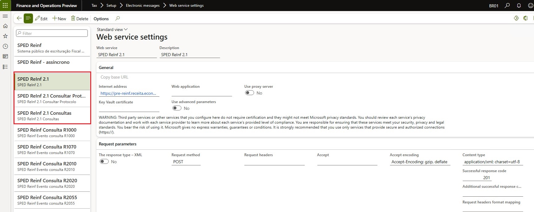 Web services connection and certificates set up on the Web services settings page.