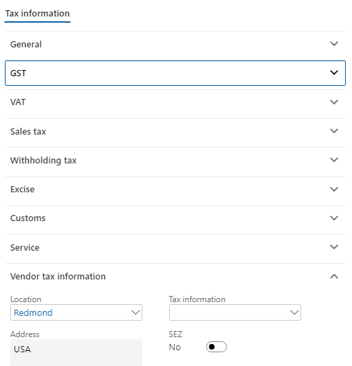 Vendor tax information FastTab.