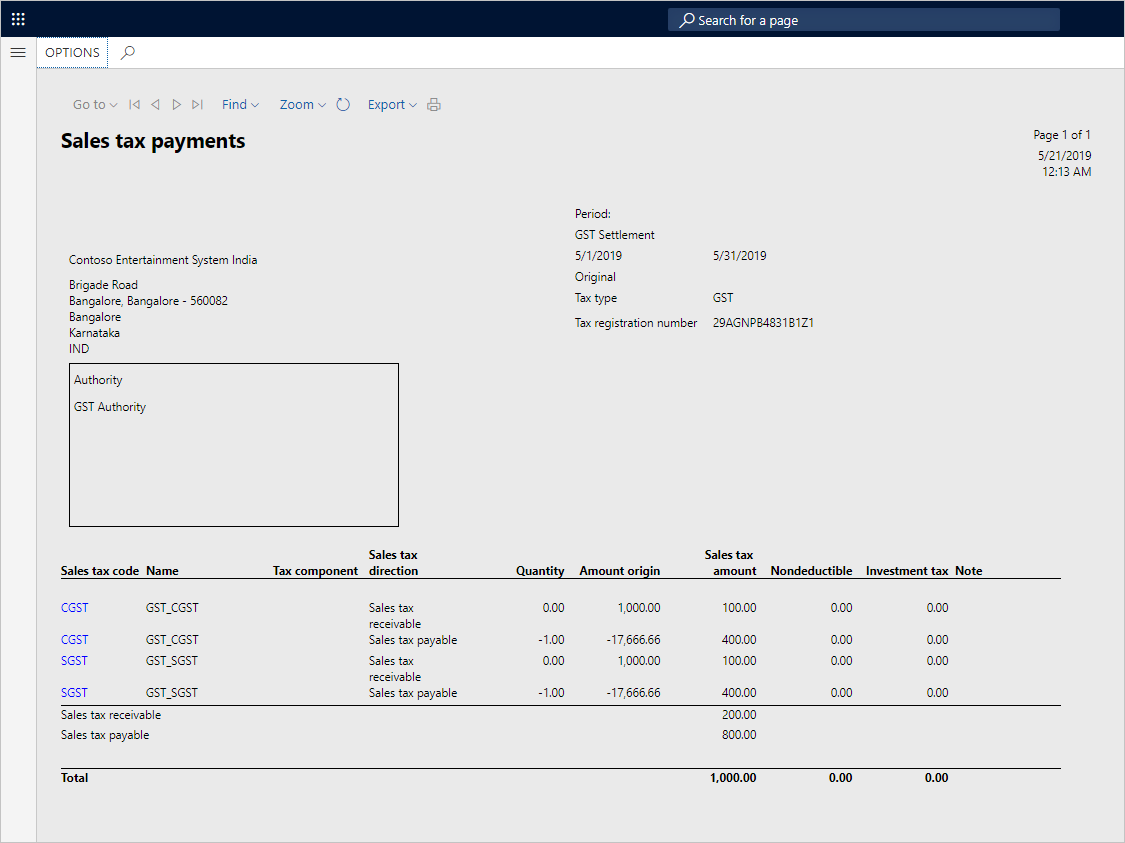 Sales tax payments report.