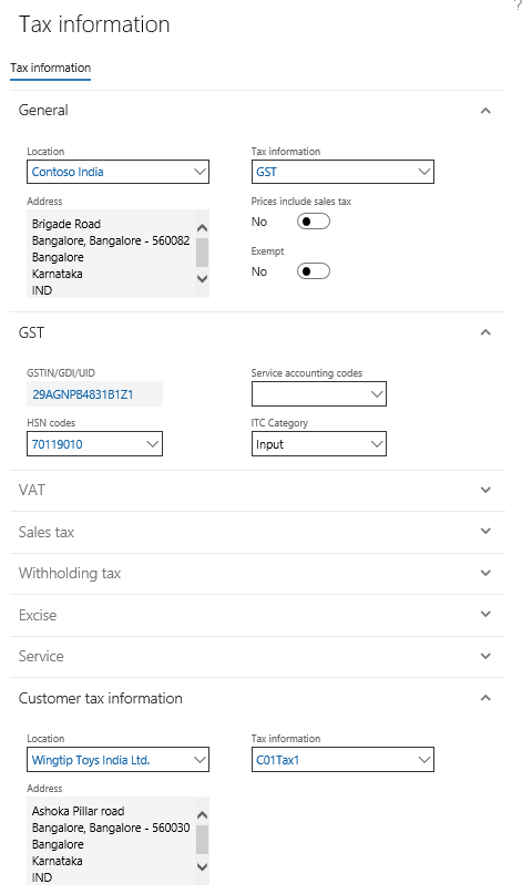 Tax information dialog box for creating an item journal.