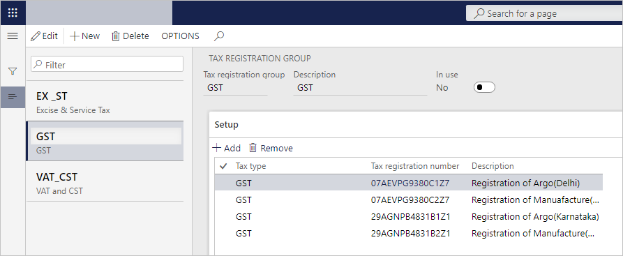 GSTINs attached to a tax registration group.