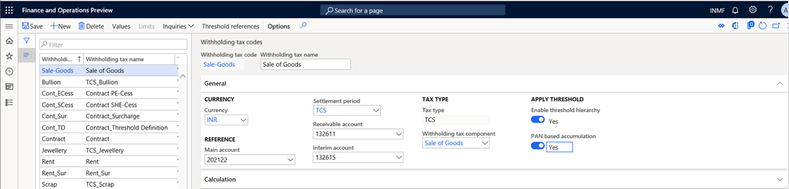 Withholding tax codes page.