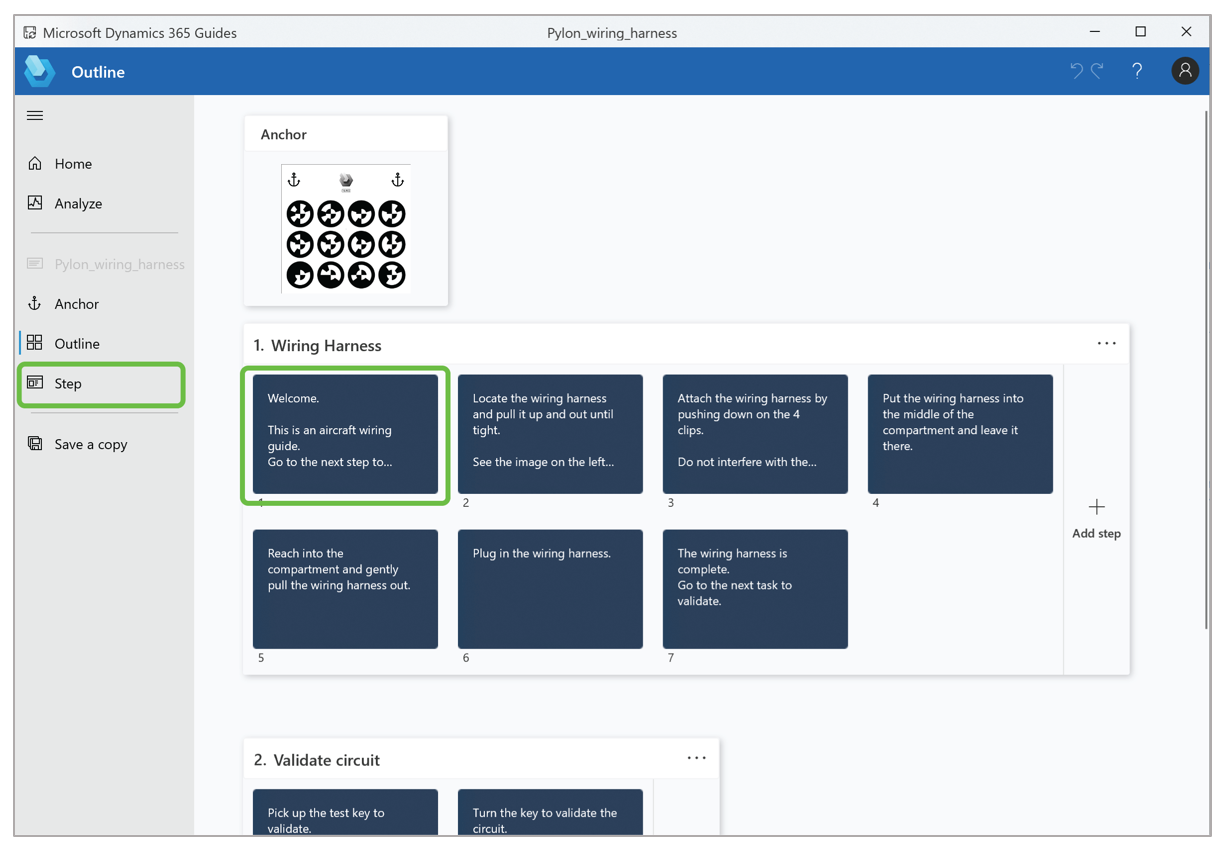 Step on the Outline page and Step command in the left navigation.