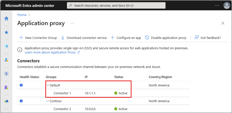 Screenshot of the connector groups and connector group details.