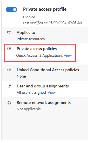 Screenshot of the Private Access profile, with the view applications link highlighted.