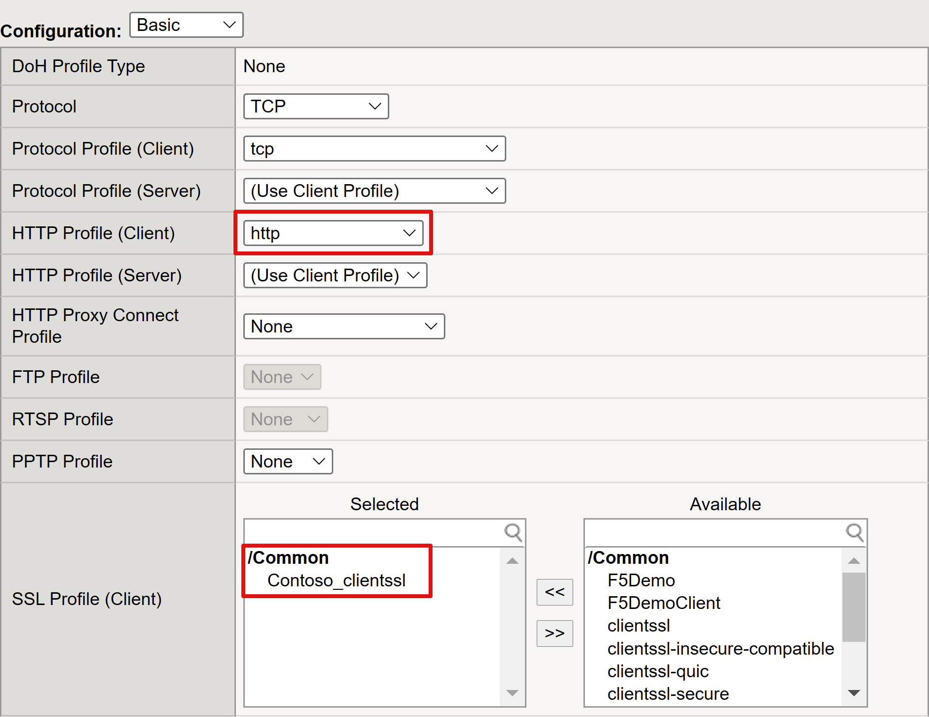 Screenshot of HTTP Profile and SSL Profile entries for Client.