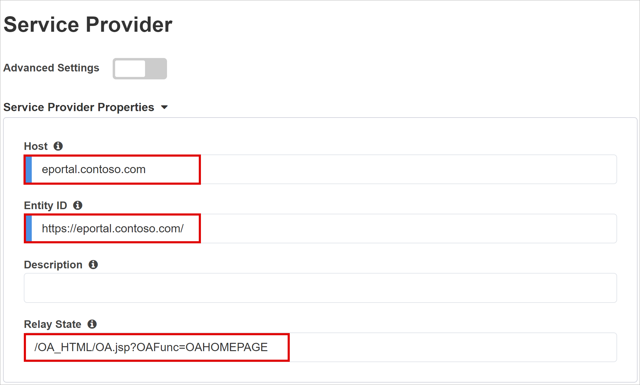 Screenshot for Service Provider input and options.