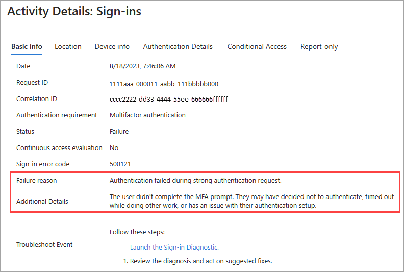 Screenshot of the activity details, with the failure reason and details highlighted.