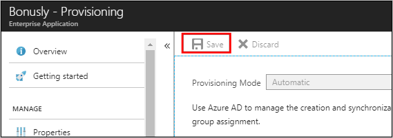 Screenshot of the Bonusly - Provisioning page, with the Save button highlighted.