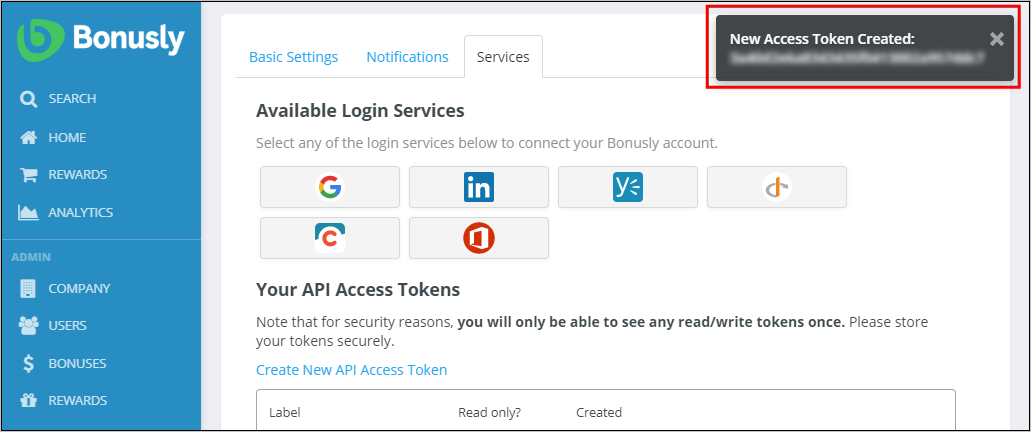 Screenshot of the Bonusly site. A notification is visible that displays New access token created, followed by an indecipherable token.