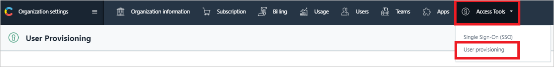 Screenshot of the Organization settings menu in Contentful, with User provisioning highlighted under Access Tools.