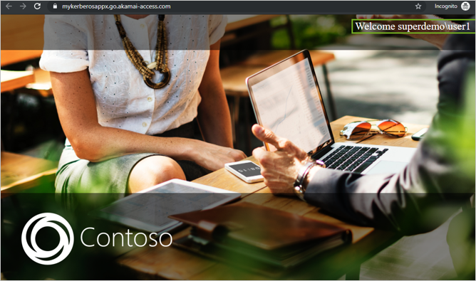 Screenshot of the splash screen for the myKerberosApp. The message "Welcome superdemo\user1" is displayed over a background image.