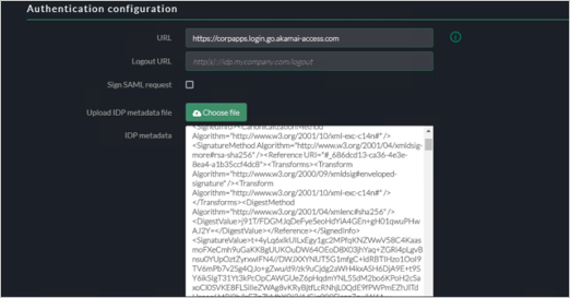 Screenshot of the Akamai EAA console Authentication configuration showing settings for URL, Logout URL, Sign SAML Request, and IDP Metadata File.