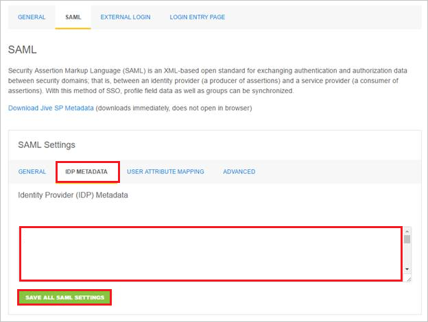 Screenshot shows the SAML tab I D P METADATA selected.