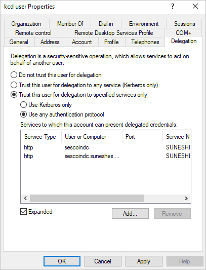 Screenshot that shows the "kcd user Properties" window with the "Delegation" tab selected.