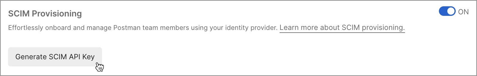 Screenshot to generate SCIM API key in Postman.