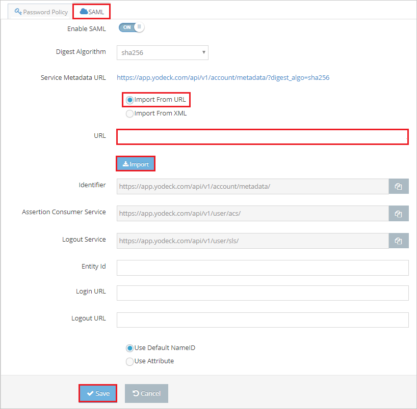 Screenshot shows the SAML tab where you can perform these steps.