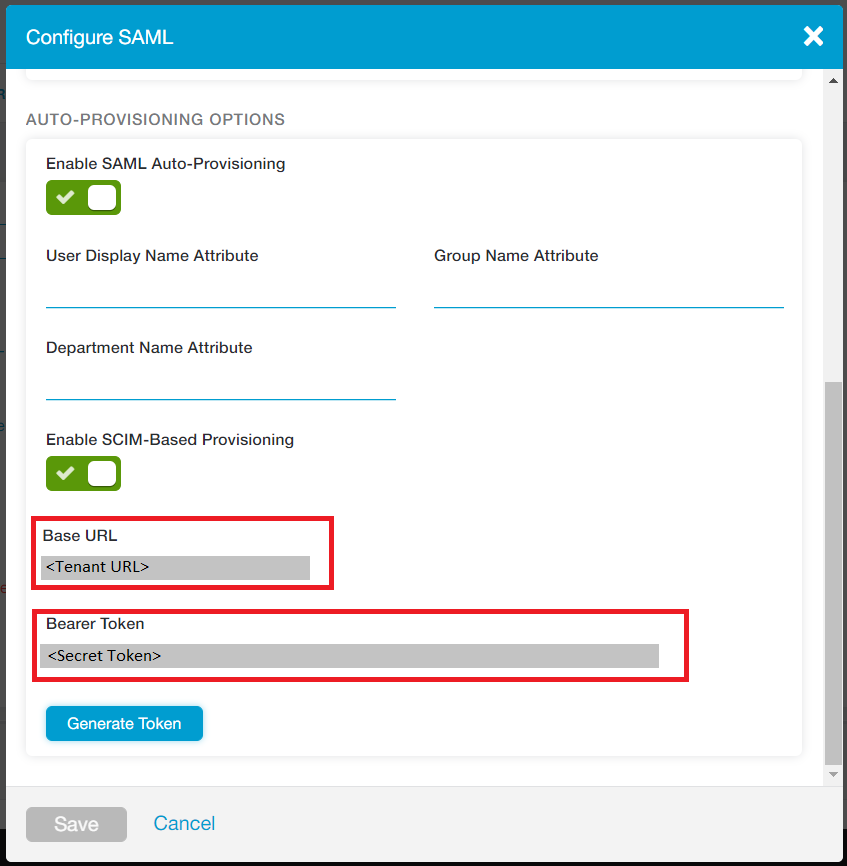 On Configure SAML, the Enable SAML Auto-Provisioning and the Enable SCIM-Based Provisioning options are selected. The Base URL and Bearer Token text boxes are highlighted.