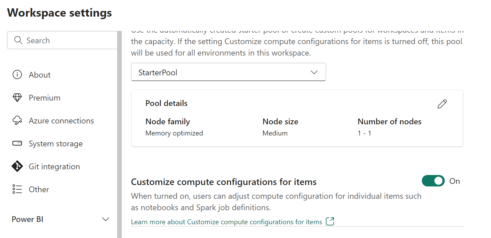 Screenshot showing the item-level compute customization option in Workspace settings.