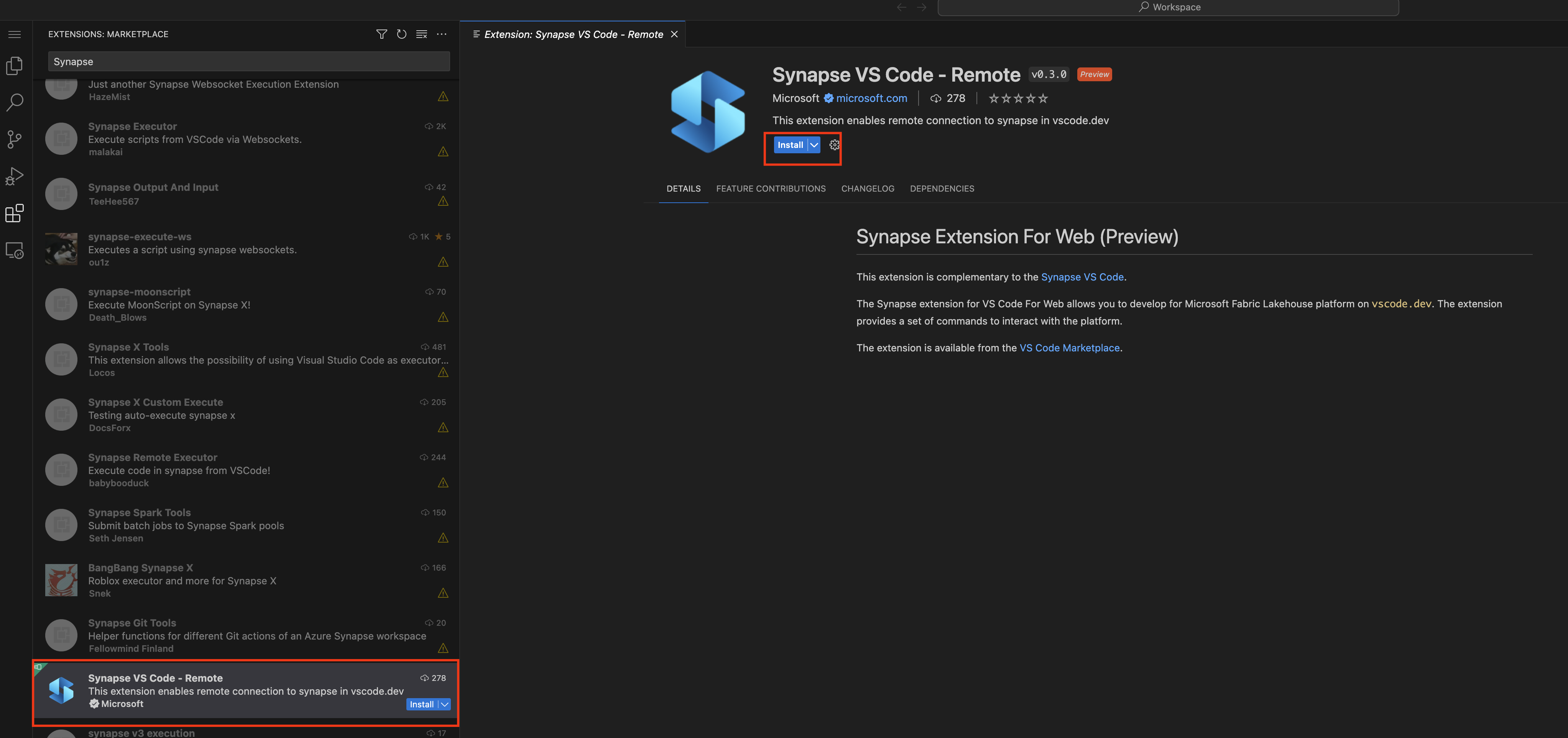 Screenshot that shows installation of Synapse VS Code extension web.