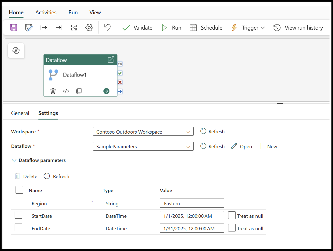 Screenshot showing the Dataflow activity Settings tab, and highlighting the tab.
