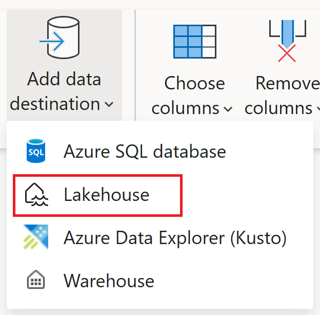 Screenshot of the Add output destination menu with lakehouse emphasized.