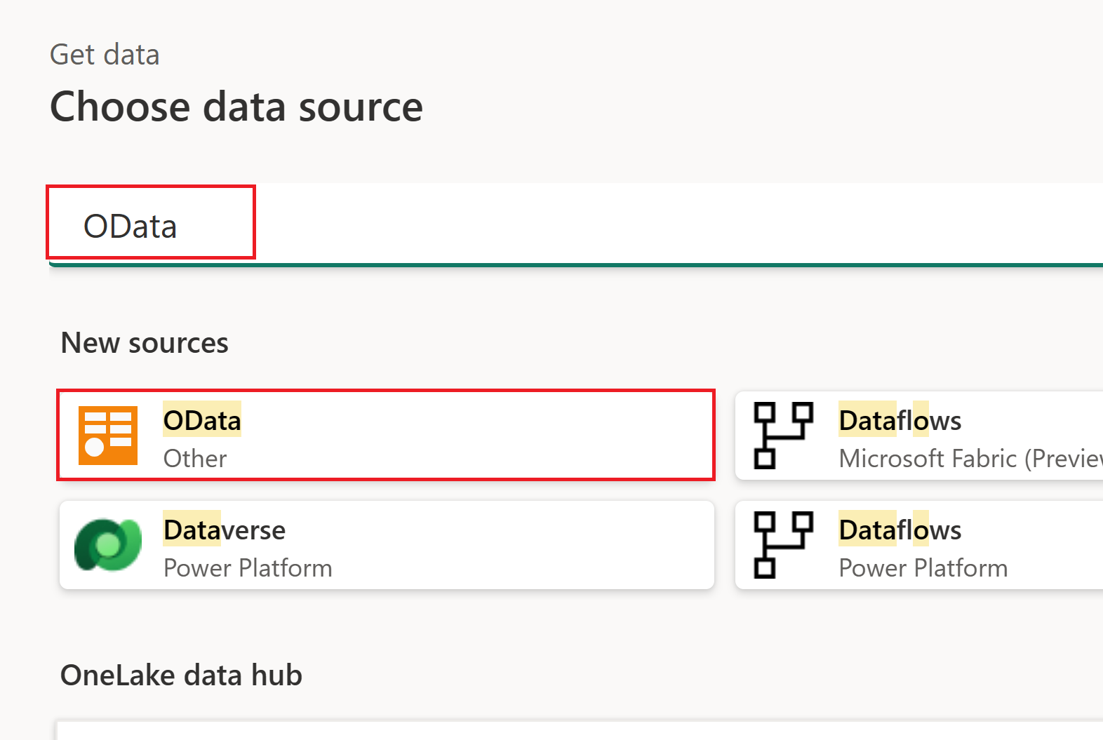 Screenshot of the Get data menu with OData emphasized.