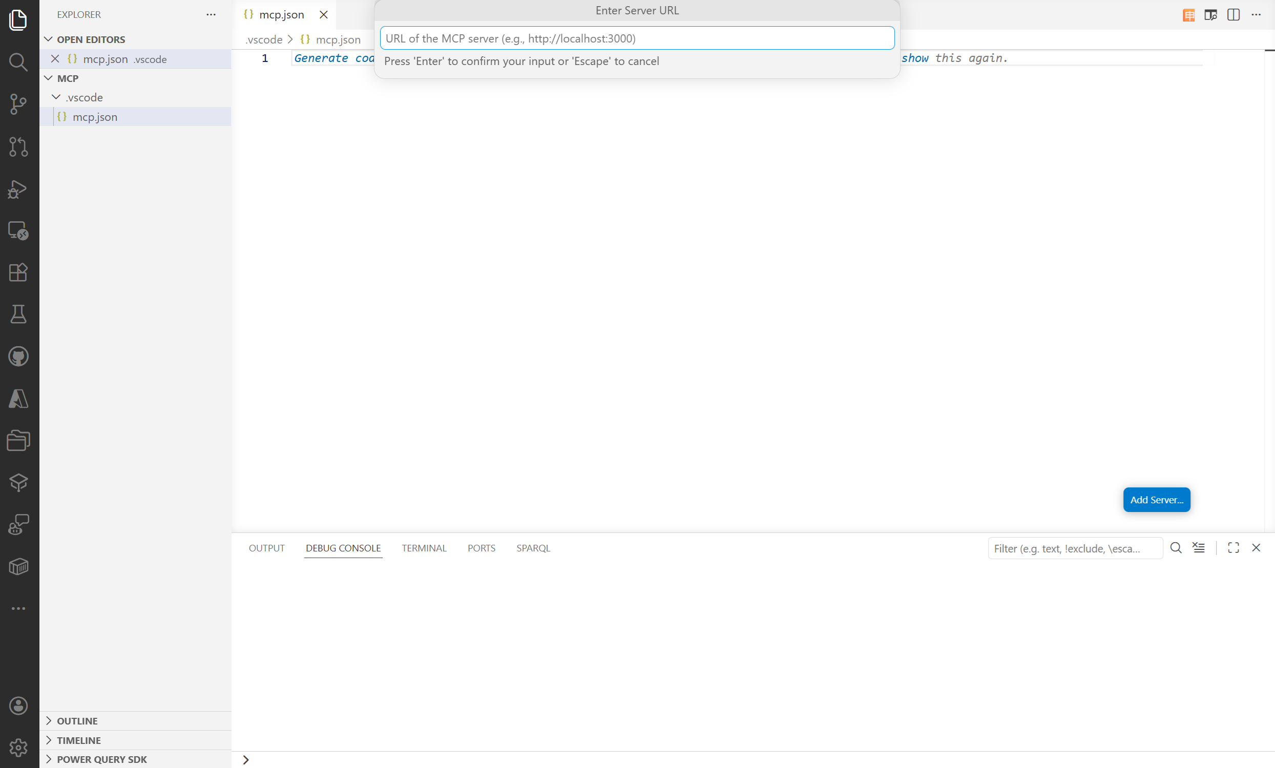 Screenshot showing where to enter the URL for the MCP server.