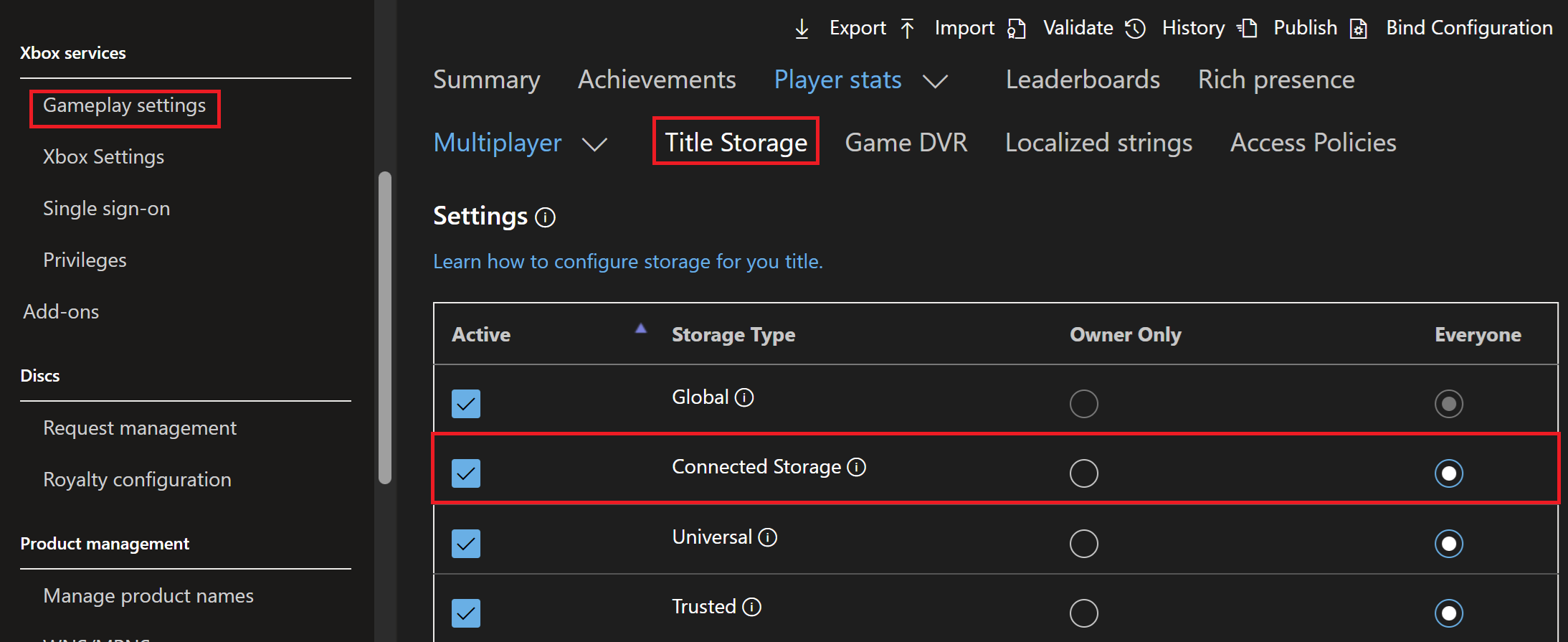 Partner Center Connected Storage configuration setup.