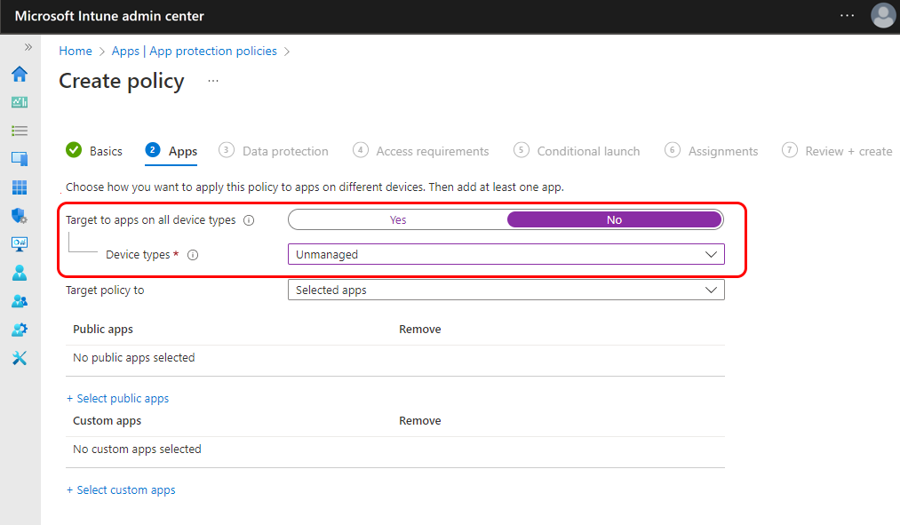 Configure the app protection policy to target unmanaged devices.