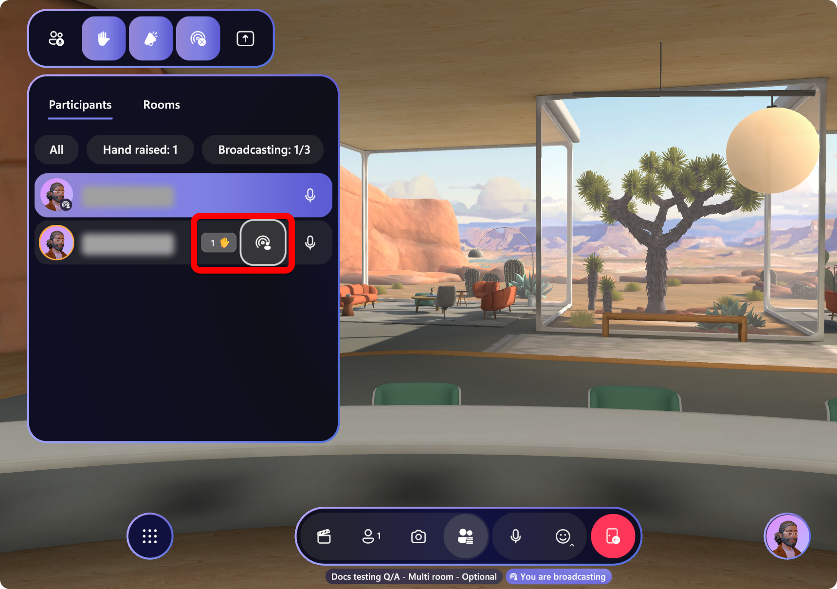 Screenshot of Mesh multi-room scenario, broadcast button highlighted next to attendee name.