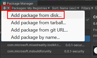 Screen shot of the Package Manager menu with Add package from disk menu item highlighted.